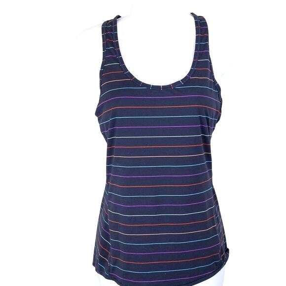 ATHLETA Navy Blue Rainbow Striped Racerback Sports Top XS - Picture 1 of 4